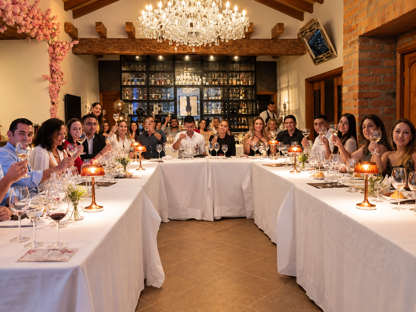 Cena elegante con mesas en U, copas y asistentes brindando