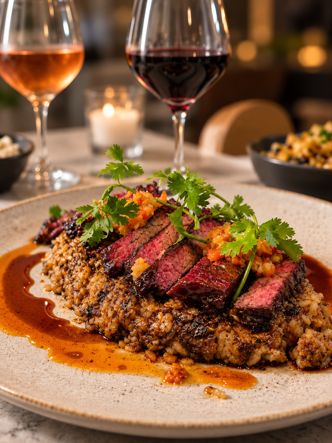 Plato de carne acompañado por copas de vino