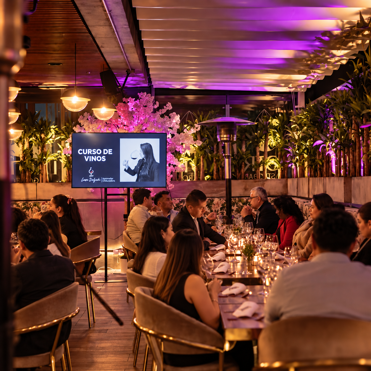 Curso de vinos con pantalla y mesa larga iluminada