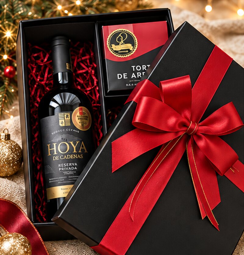 Cofre negro con moño rojo y botella de vino reserva